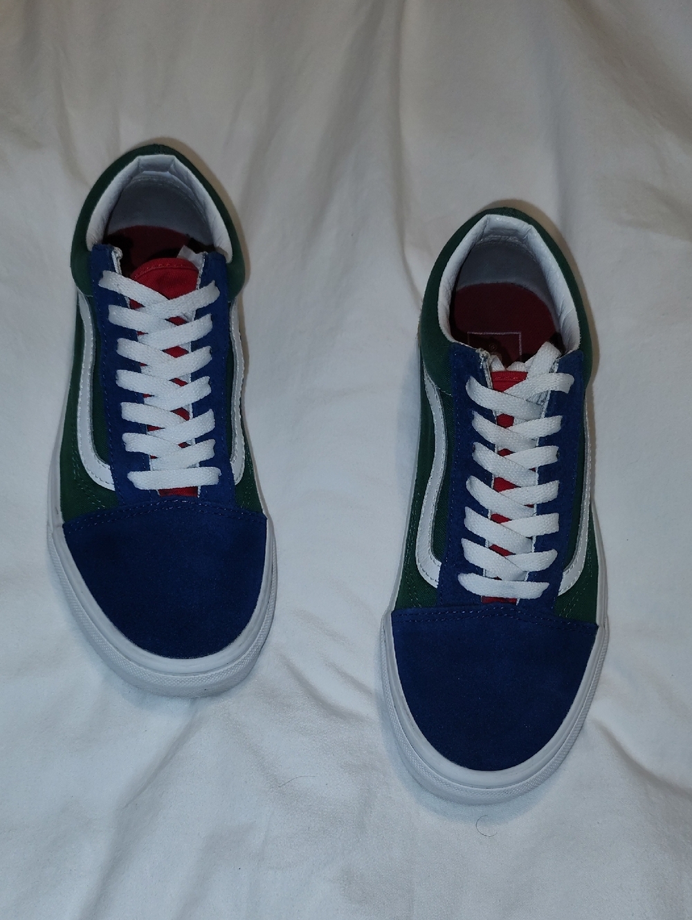 Vans Old Skool Sneakers - Blue, Green & White with Red Tongue (Men 5.5&Women -7)